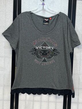 Victory Motorcycle Graphic Rhinestone Accent Lace Hem Grey Scoop Neck Tee XXL